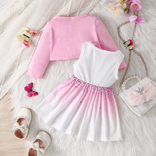 Butterfly Dress + Pink Long Sleeve Coat