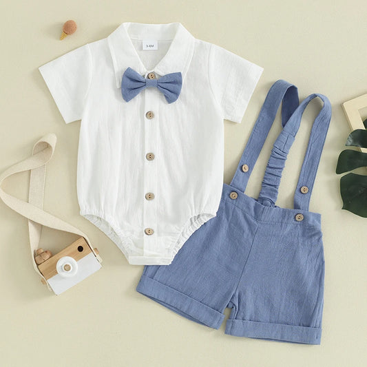 Short Sleeves Romper with Bow Tie and Overalls