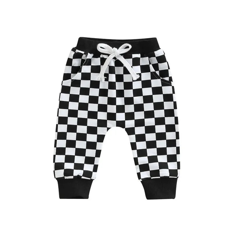 Checkerboard Printed Tie-up Mid-waist Trousers with Pockets