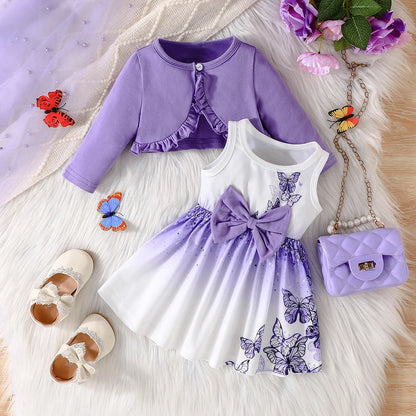 Butterfly Dress + Pink Long Sleeve Coat