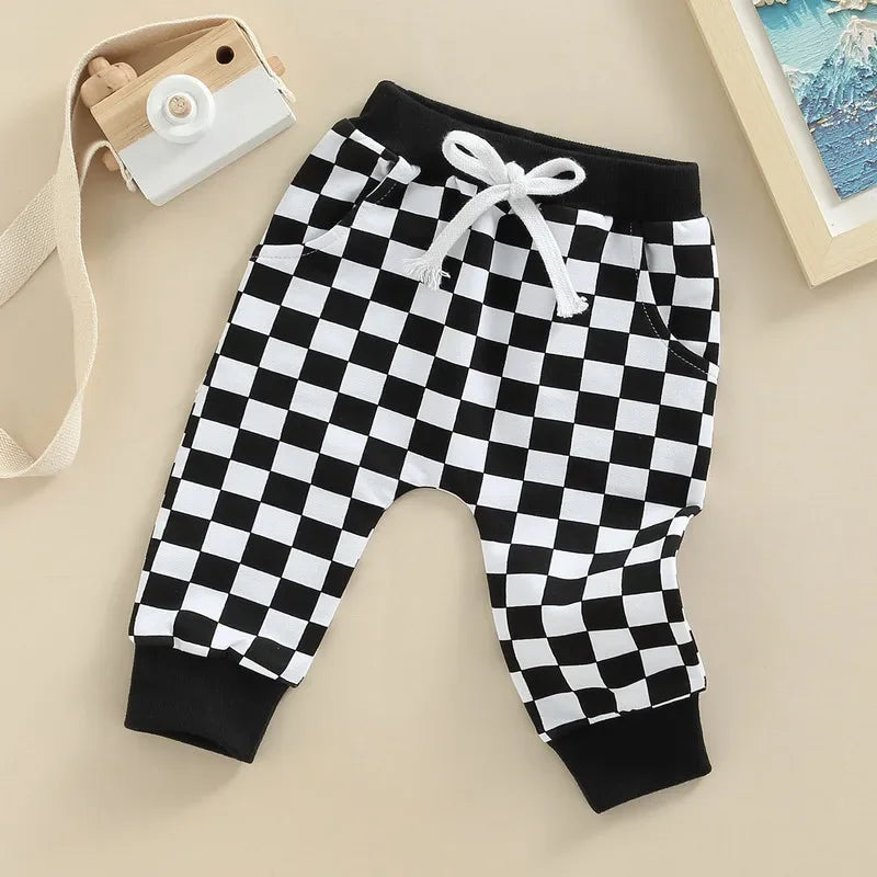 Checkerboard Printed Tie-up Mid-waist Trousers with Pockets