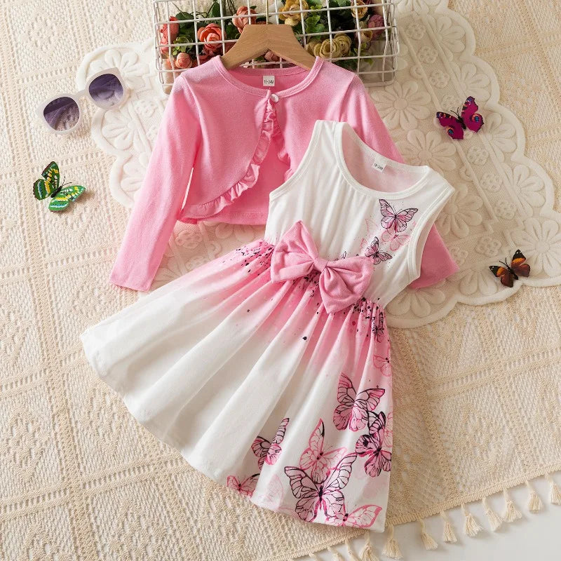 Butterfly Dress + Pink Long Sleeve Coat