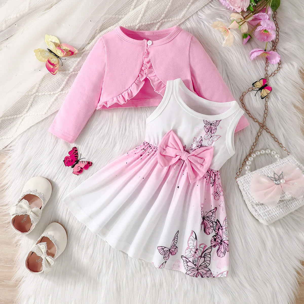 Butterfly Dress + Pink Long Sleeve Coat