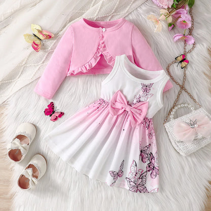 Butterfly Dress + Pink Long Sleeve Coat