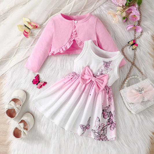 Butterfly Dress + Pink Long Sleeve Coat