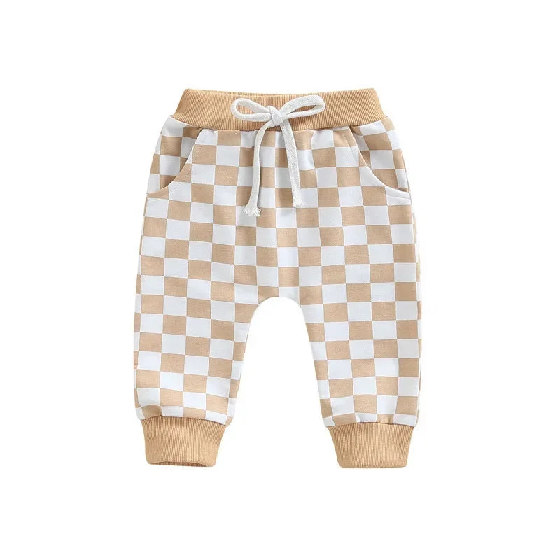Checkerboard Printed Tie-up Mid-waist Trousers with Pockets