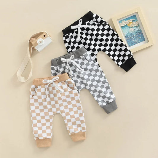 Checkerboard Printed Tie-up Mid-waist Trousers with Pockets