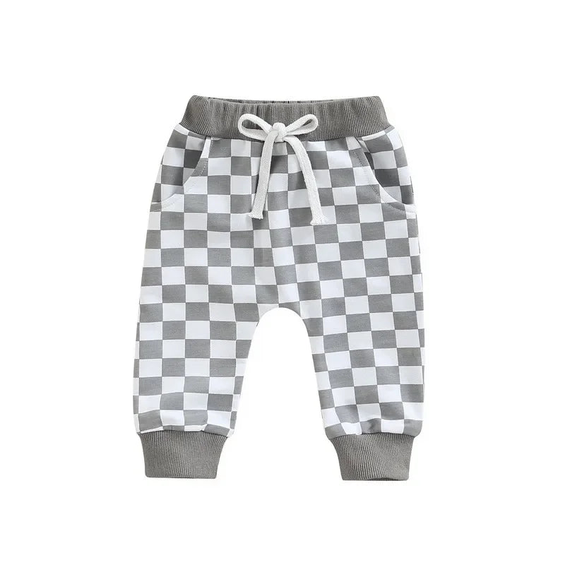 Checkerboard Printed Tie-up Mid-waist Trousers with Pockets